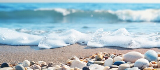 Canvas Print - Close up of a sea wave on a pebble beach with copy space image