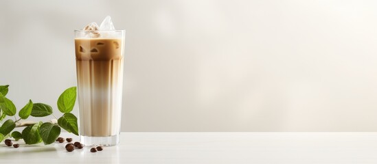 Wall Mural - Cold coffee with milk and mint served on a light background with copy space image available