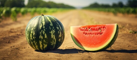 Wall Mural - Ripe melon and watermelon from the new harvest lay side by side on the ground creating a vibrant copy space image