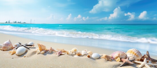 Sticker - Tropical beach scene with scattered shells and copy space image