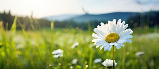 Poster - A picturesque scene of a white daisy standing tall amidst a lush green field offering a serene and tranquil copy space image