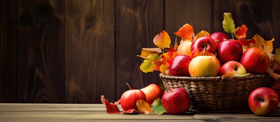 Wall Mural - autumnal basket with apples and leaves on rustic wooden surface with copy space image