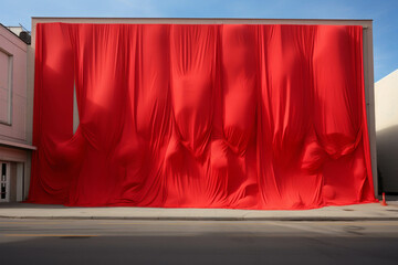 Large red draped fabric covering a building exterior, creating a dramatic urban architectural scene under clear blue skies.