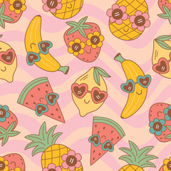 seamless pattern with cute fruits on wave background