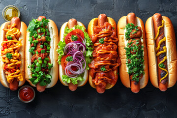 Wall Mural - Variety of gourmet hot dogs with different toppings on a black background, great for fast food promotions and food festivals.
