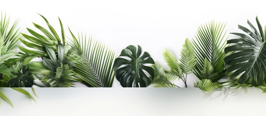 Wall Mural - tropical palm and jungle leaves arranged on a white backdrop with room for text or other elements in