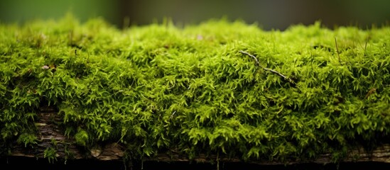 Wall Mural - Close up texture of green moss on forest ground with tree bark turf foliage and lichen creating a detailed macro backdrop with a copy space image
