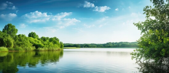 Sticker - Scenic summer landscape with lush green foliage framing a tranquil lake under the open sky ideal for a copy space image