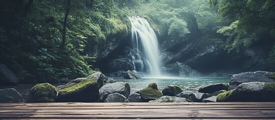 Wall Mural - A mountain creek with a waterfall and wooden planks in the foreground suitable as a copy space image to showcase products with a vintage color scheme