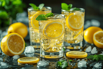 Refreshing lemon soda with mint leaves and ice, ideal for summer refreshment or parties.