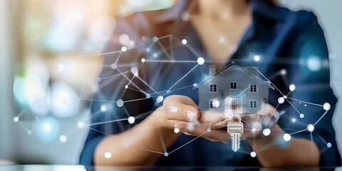 real estate busineswoman holding a wooden house given customer, scope business, selling house, table, working, cute house on the table
