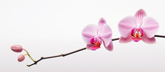 Wall Mural - front view of a single pink orchid in focus set against a white background in an image with free spa