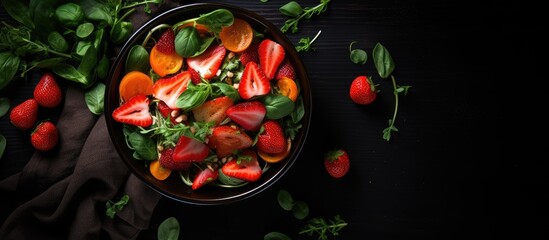 Sticker - Colorful and nutritious fitness salad featuring fresh strawberries and basil greens perfect for a healthy and tasty meal option with a vibrant copy space image