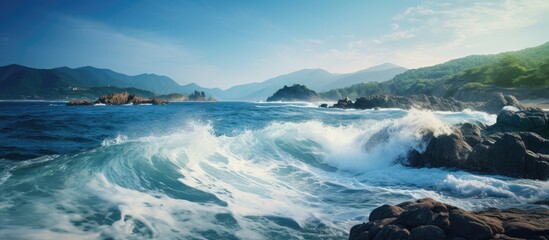 Wall Mural - Tropical sea waves crashing against rocky coastline in a long exposure photograph with copy space image
