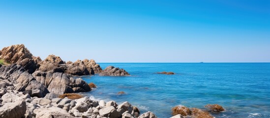 Wall Mural - Scenic view of rocks by the sea under a clear blue sky with copy space image