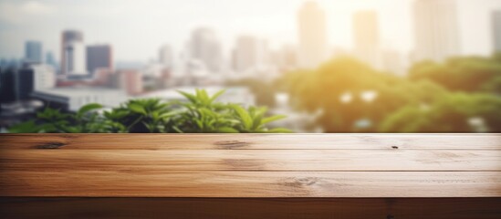 Wall Mural - Wooden table with copy space image and blurred window background