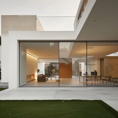 A modern home with a large glass door leading to a patio