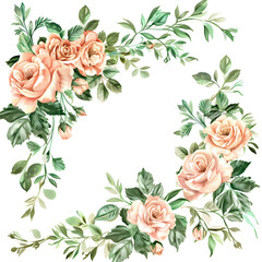 Wall Mural - Watercolor pastel peach roses and green leaves Vintage floral composition in the shape of a half moon. clip art on a white background For decorating wedding cards.

