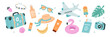 © Irina Strelnikova - Summer stickers set. Tropical vacation on beach scrapbooking collection. Plane, ticket, sunscreen and other travel elements. Modern cartoon concept. Vector illustration.
