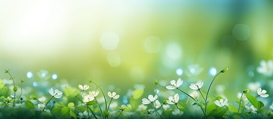 Wall Mural - green leaves and grass flowers create a natural background with blurred images for copy space image