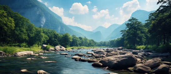 Poster - Scenic mountain landscape with a river towering rocks and a forest on the river bank perfect for a copy space image