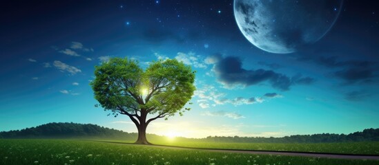 Wall Mural - heart shaped tree in a paddy field with milky way backdrop in a rural setting perfect for a copy spa