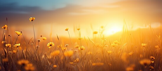 Wall Mural - Golden soft light illuminating a meadow with a stunning sunset over a serene copy space image