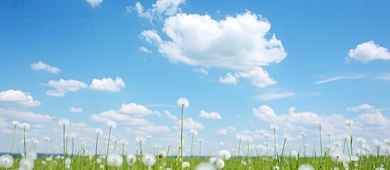 Wall Mural - During summertime a fluffy white cloud contrasts beautifully against the blue sky over a field creating a peaceful scene with copy space image