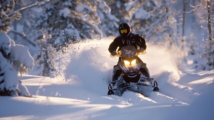 Wall Mural - a snowmobiler speeds through the snowy landscape leaving a trail of powdery snow behind in their wak