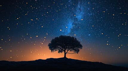 Wall Mural - A lone tree on a hill, with the stars shining in the sky above, casting its silhouette against the night.