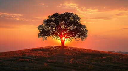 Wall Mural - A lone tree on a hill, with the sun rising behind it, casting its silhouette against the morning sky.
