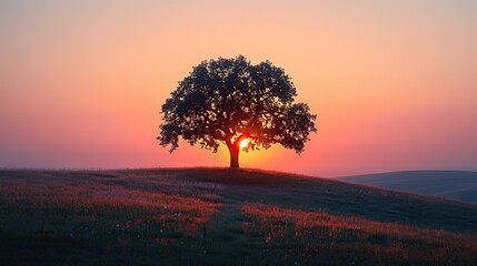 Poster - A lone tree on a hill, with the sun rising behind it, casting its silhouette against the morning sky.