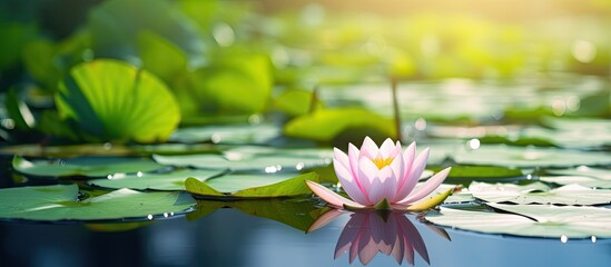 Poster - Lotus flower with green leaves in a pond offering an idyllic and serene scene making it a perfect image for copy space