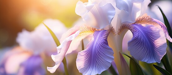 Canvas Print - Detailed macro view of a white and purple iris flower with a natural background and sunlight ideal for a copy space image