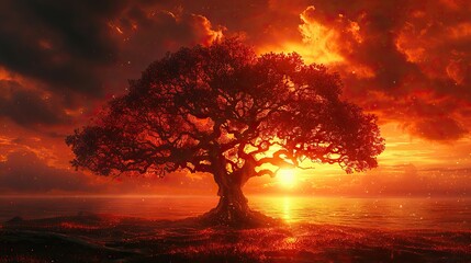 Wall Mural - A solitary tree against a fiery sunset, its branches reaching out like dark tendrils.
