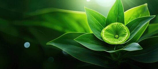 Wall Mural - close up image of a vibrant green leaf and a flower in their natural beauty with an intricate design