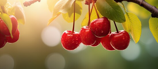 Poster - Cherry fruits with copy space image ripening on a tree branch in a sunny cherry orchard