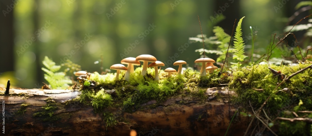 Mushrooms sprouting on a decaying moss covered log in the forest canopy ...