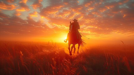 Wall Mural - The silhouette of a horse and rider galloping across an open field, their forms outlined against the horizon.