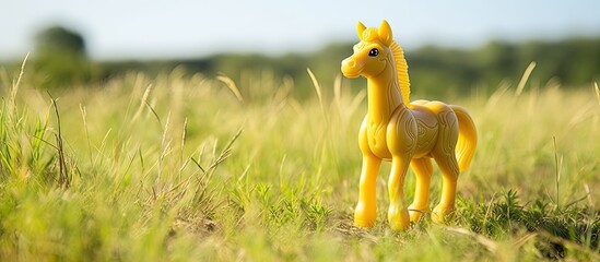 Wall Mural - A yellow toy horse on a grassy field with copy space image