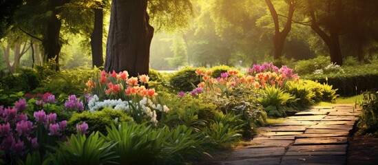 Poster - Greenery in a beautiful garden setting with a serene atmosphere and vibrant flowers offers a picturesque background for a copy space image