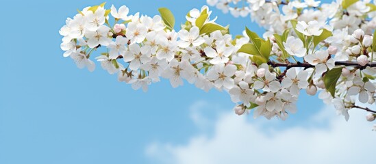 Wall Mural - blooming apple tree branches with spring blossoms set against the blue sky in a copy space image