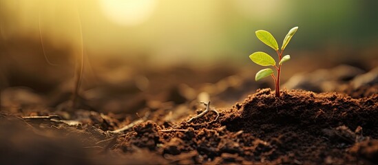 Wall Mural - a tiny fresh tree sprout emerging from the soil. copy space image. place for adding text and design