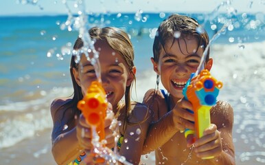 Two children having fun, shooting water with water guns in the sea, splashing around