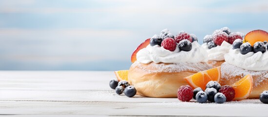 Canvas Print - Closeup of sweet buns with cottage cheese blueberry and persimmon slice on white wooden table with copy space image