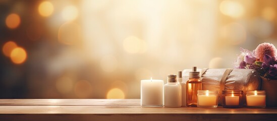 Poster - Display products on a wooden table bathed in warm sunlight with bokeh adding a soft dreamy effect to the copy space image