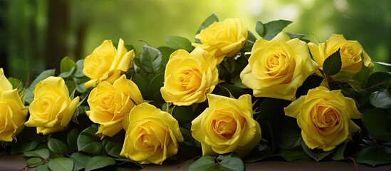 Poster - A lovely bouquet of yellow roses set against green foliage makes for an enticing copy space image