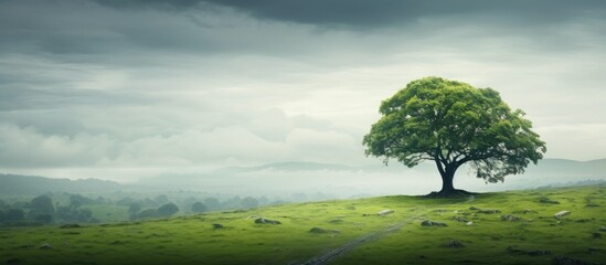 Sticker - a lone tree stands amidst lush greenery in a botanical setting with copy space image