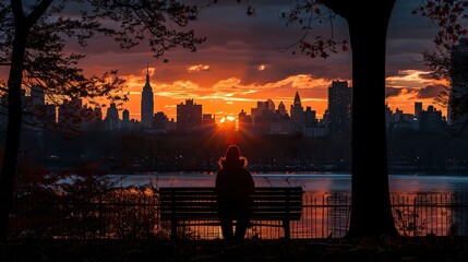 Wall Mural - The silhouette of a person sitting on a bench in a park, with the city skyline behind them, lit up by the setting sun.