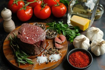 Wall Mural - A plate of meat with a variety of spices and herbs on a wooden cutting board. The spices include garlic, pepper, and salt